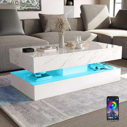 LED Coffee Table with 2 Storage Drawers, Modern High Gloss White Coffee Table LED Lights, 2 Tiers Rectangle Center Table for Living Room with Marbling Print