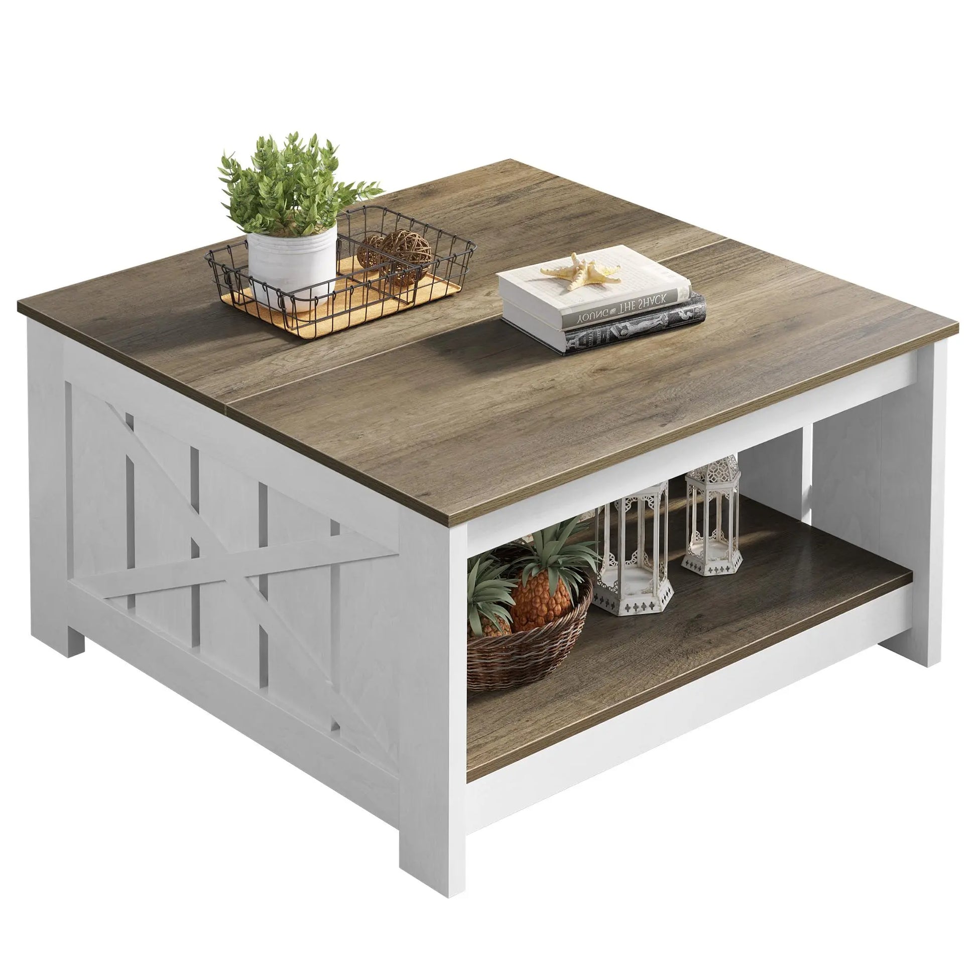 Yitahome Farmhouse Coffee Table with Storage, Square Wood Modern Rustic Coffee Table for Living Room,Grey Wash Coffee Tables,Coffee Table with Half Open Storage Compartment