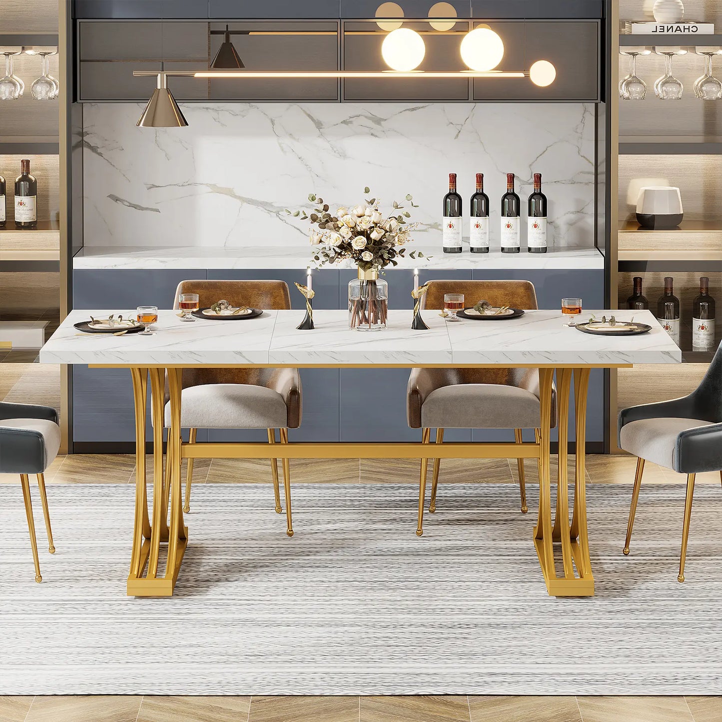 Tribesigns 63-Inch Rectangular Dining Table for 4 to 6, Modern Kitchen Table with Stylish Metal Trestle Legs, Large Dinner Table for Dining Room, Chair Not Included (White+Gold)
