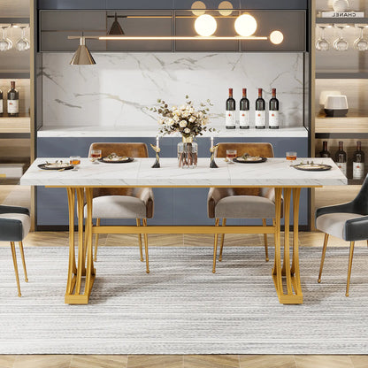 Tribesigns 63-Inch Rectangular Dining Table for 4 to 6, Modern Kitchen Table with Stylish Metal Trestle Legs, Large Dinner Table for Dining Room, Chair Not Included (White+Gold)
