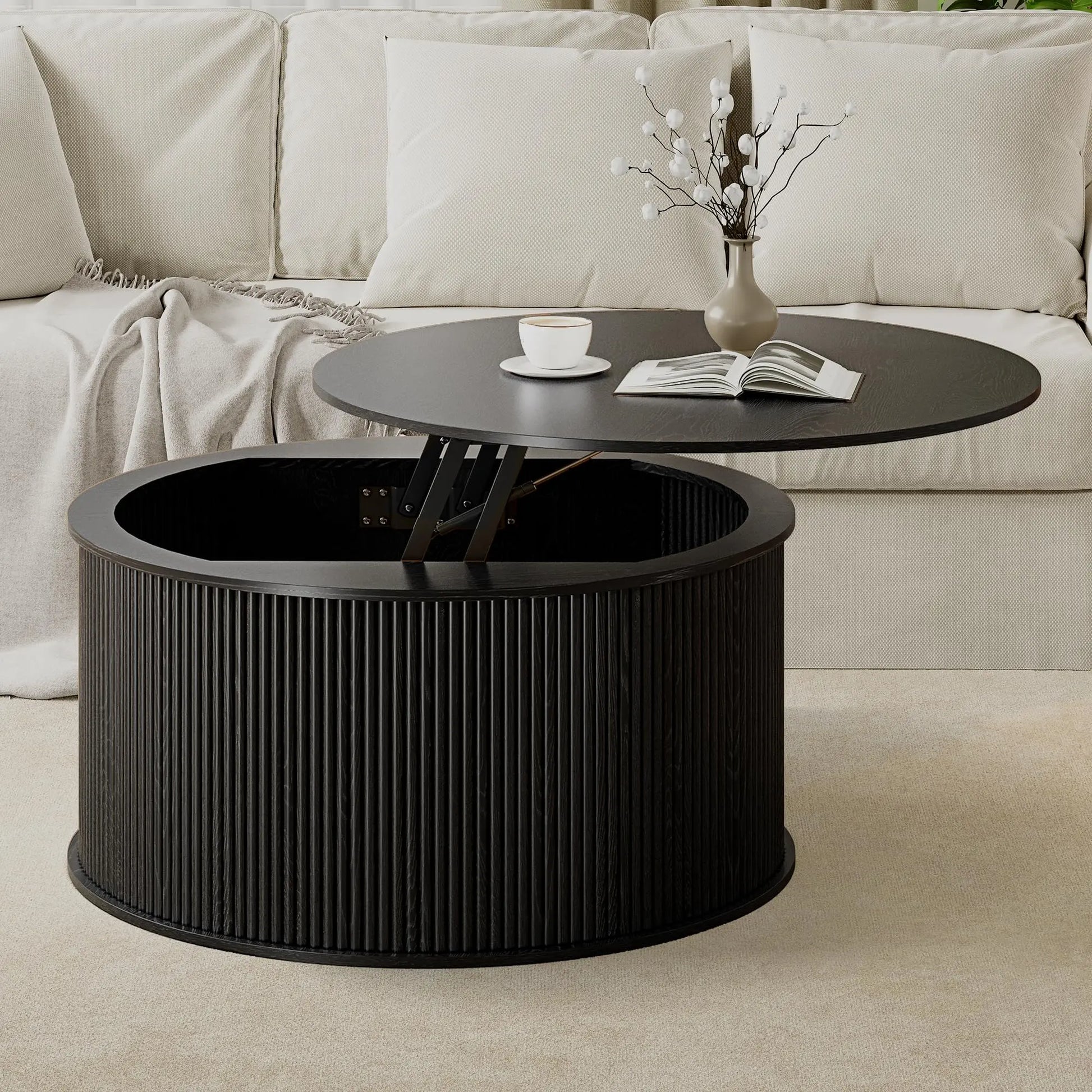 Giratree 31.58" round Coffee Table, Lift Top Coffee Table with Storage, Farmhouse Fluted Center Table Circle Dining Table for Living Room, Reception Room, Home Office