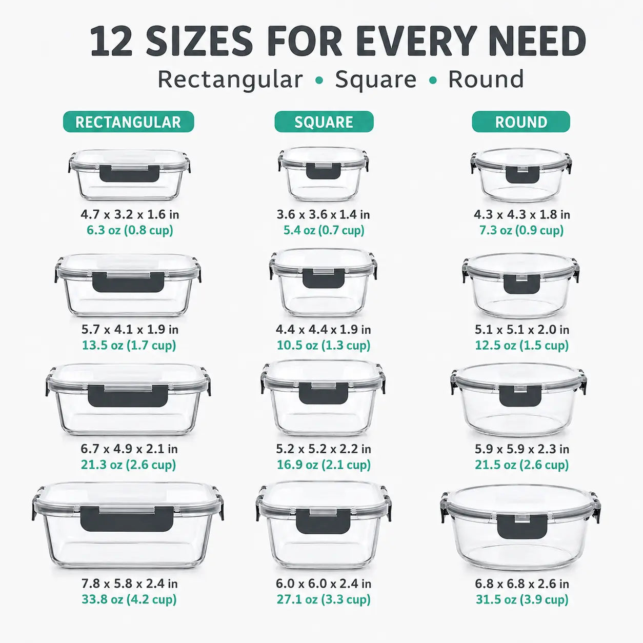 AISOON 24-Piece High Borosilicate Glass Food Storage Containers with Lids - 12-Pack Airtight Leakproof Kitchen Household Products, Bpa-Free, Microwave, Oven, Freezer & Dishwasher Safe (Black)