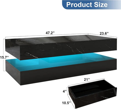 LED Coffee Table with 2 Storage Drawers, Modern High Gloss White Coffee Table LED Lights, 2 Tiers Rectangle Center Table for Living Room with Marbling Print