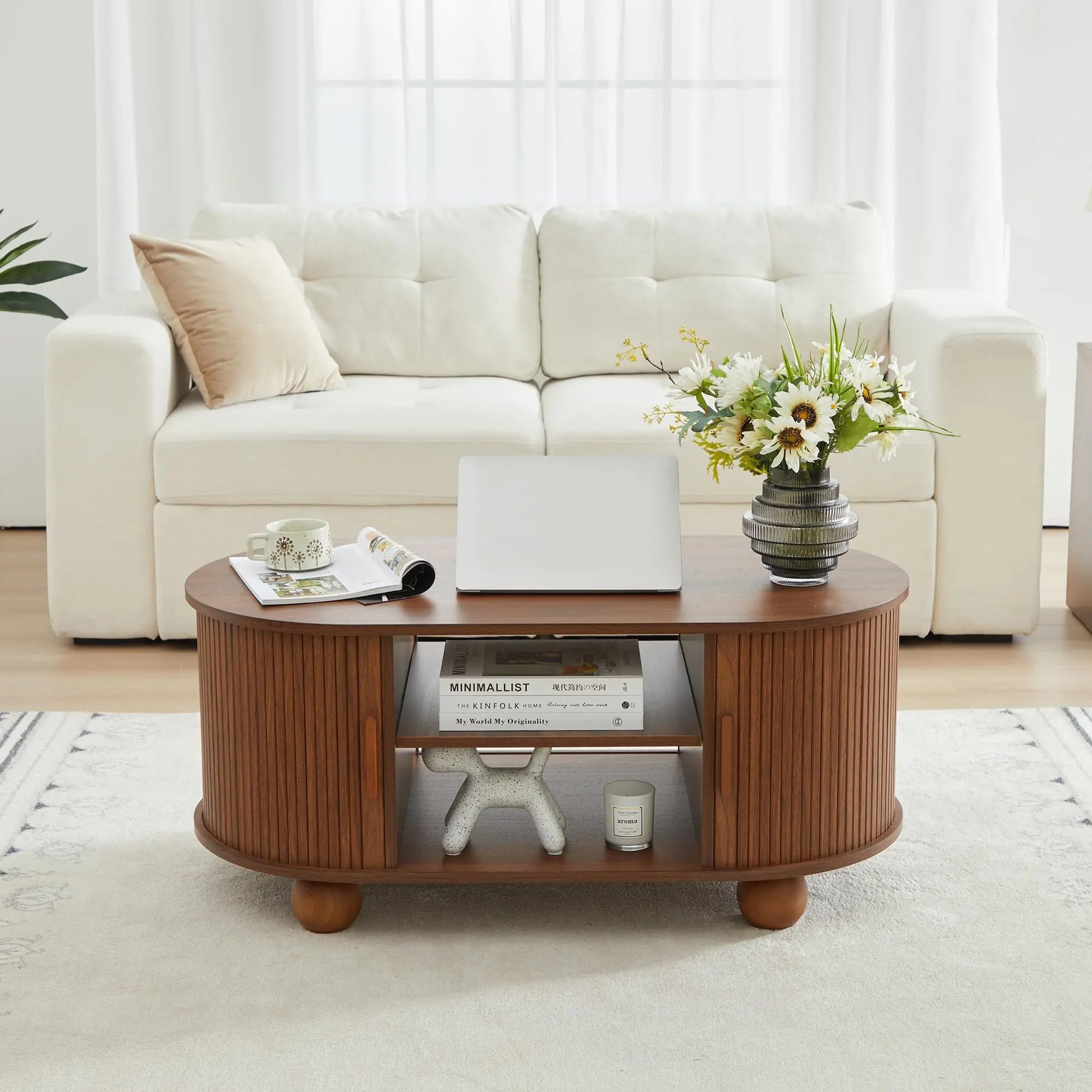 Giratree Oval Coffee Table, Mid-Century Modern Coffee Table with Storage & Sliding Doors, Fluted Coffee Table Center Table for Living Room, Dining Room, Apartment, Home Office