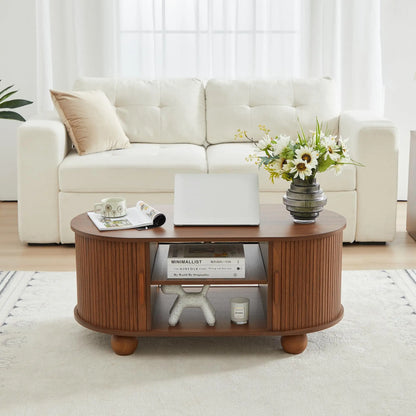 Giratree Oval Coffee Table, Mid-Century Modern Coffee Table with Storage & Sliding Doors, Fluted Coffee Table Center Table for Living Room, Dining Room, Apartment, Home Office
