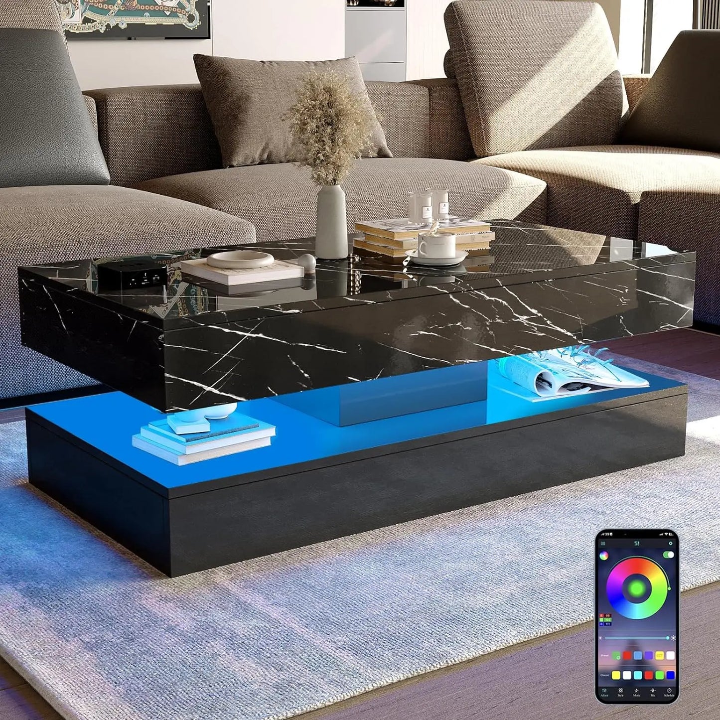 LED Coffee Table with 2 Storage Drawers, Modern High Gloss White Coffee Table LED Lights, 2 Tiers Rectangle Center Table for Living Room with Marbling Print
