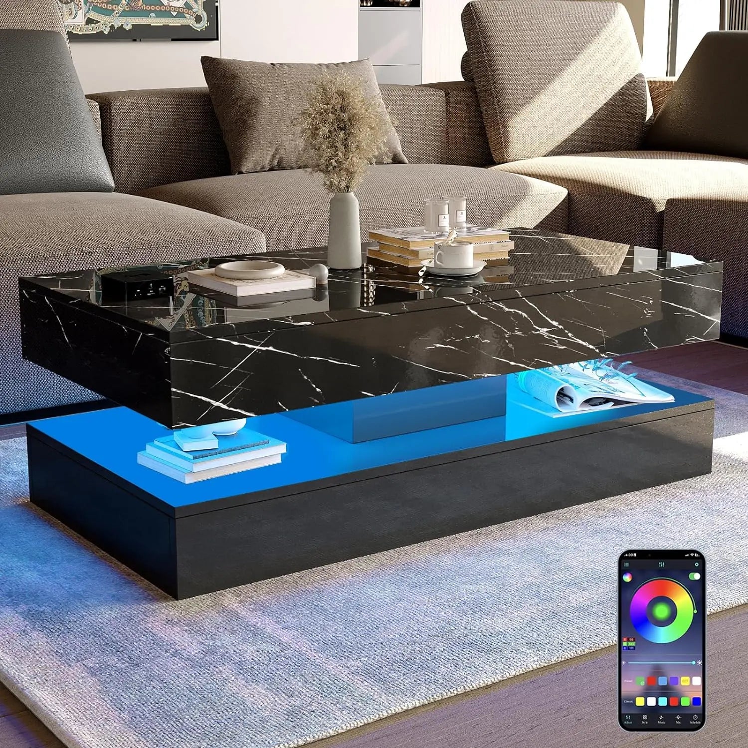 LED Coffee Table with 2 Storage Drawers, Modern High Gloss White Coffee Table LED Lights, 2 Tiers Rectangle Center Table for Living Room with Marbling Print