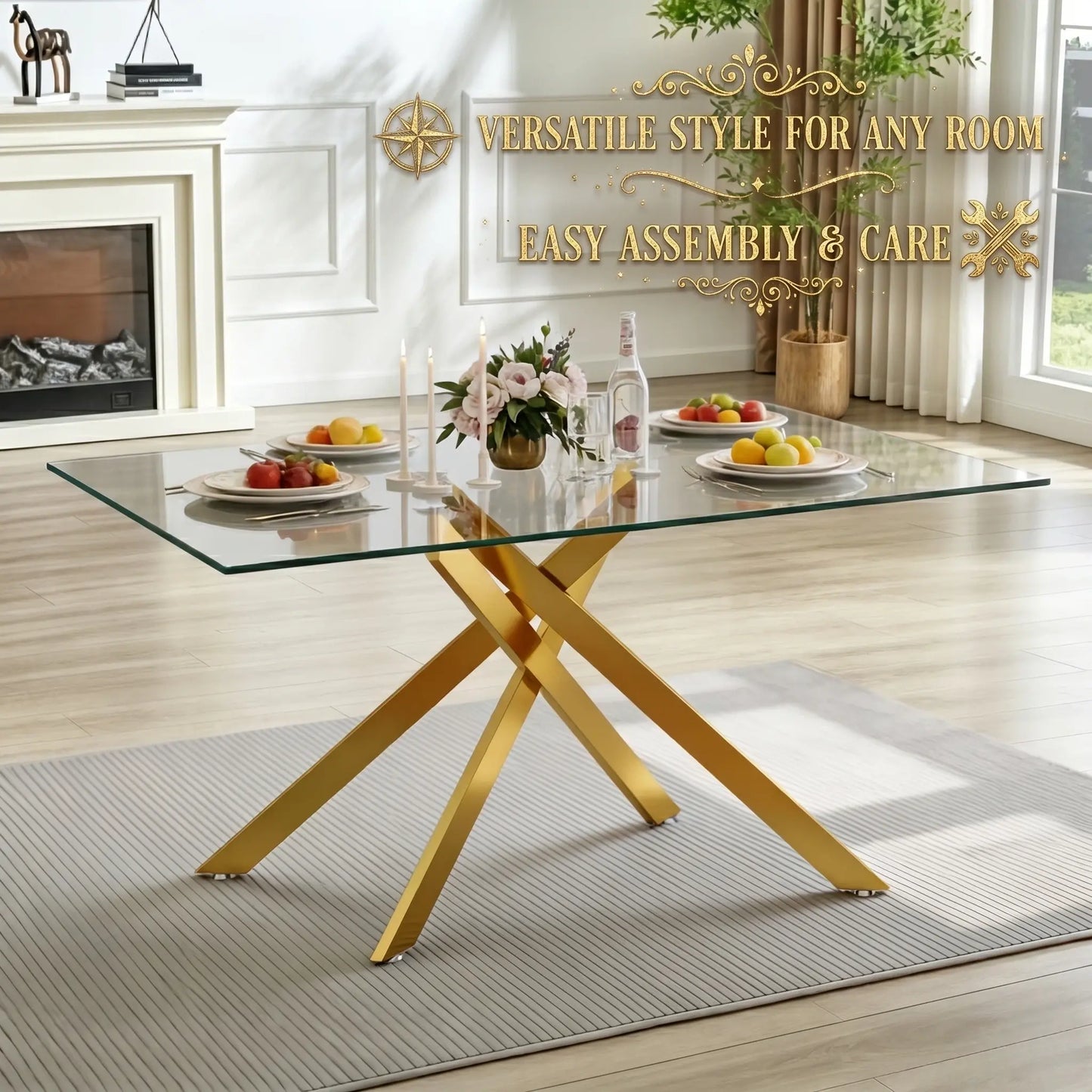 51.18 Inch Rectangular Glass Dining Table for 4-6,Modern Kitchen Table with Golden Metal Legs & Adjustable Feets,Easy Assembly Dinner Table Support 320 Lbs,Dining Table Set of 4,Stylish Durable Design for Dining Room,Apartment Furniture （Only Table）