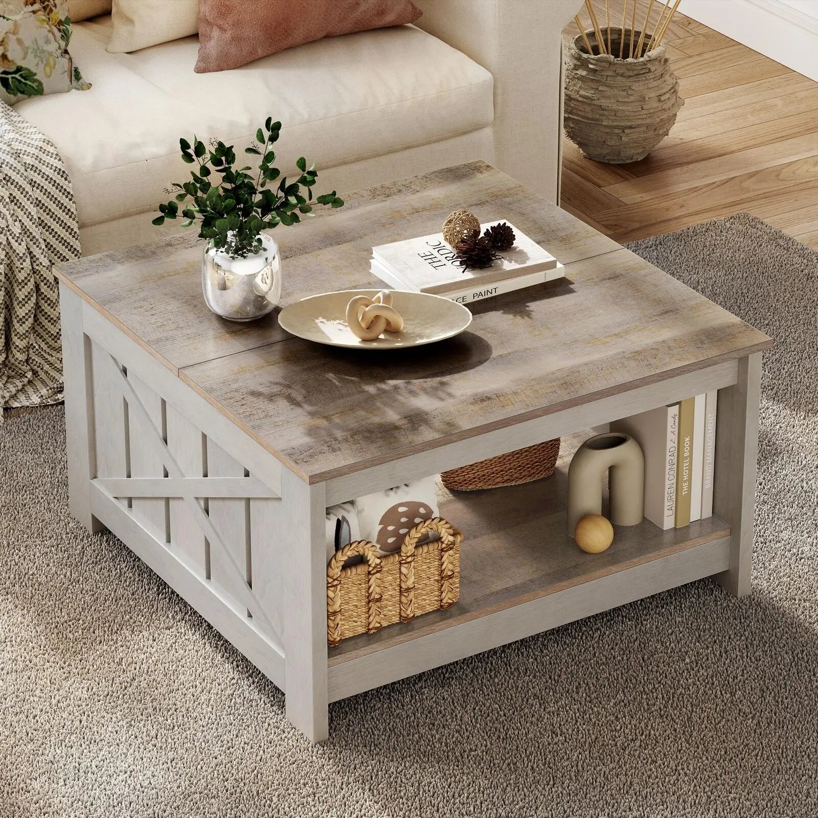 Yitahome Farmhouse Coffee Table with Storage, Square Wood Modern Rustic Coffee Table for Living Room,Grey Wash Coffee Tables,Coffee Table with Half Open Storage Compartment