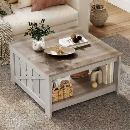 Yitahome Farmhouse Coffee Table with Storage, Square Wood Modern Rustic Coffee Table for Living Room,Grey Wash Coffee Tables,Coffee Table with Half Open Storage Compartment