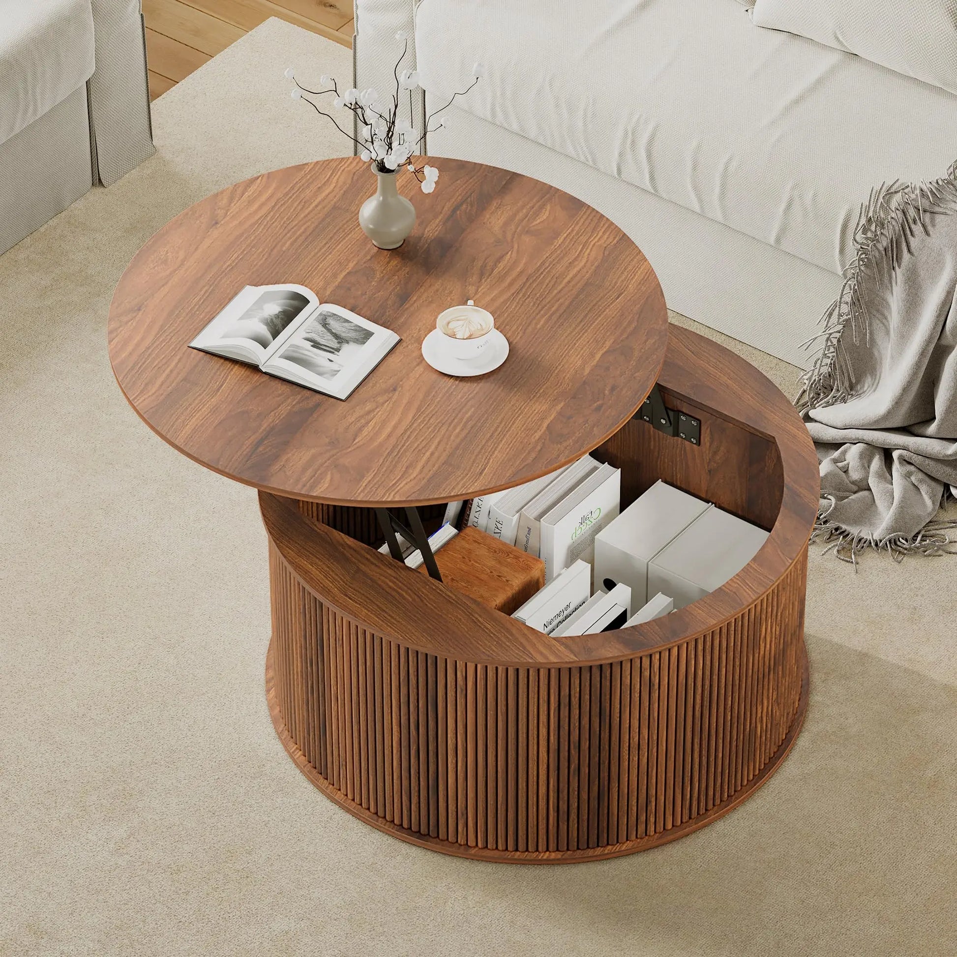 Giratree 31.58" round Coffee Table, Lift Top Coffee Table with Storage, Farmhouse Fluted Center Table Circle Dining Table for Living Room, Reception Room, Home Office