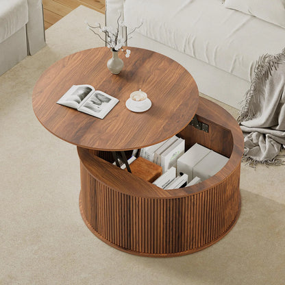 Giratree 31.58" round Coffee Table, Lift Top Coffee Table with Storage, Farmhouse Fluted Center Table Circle Dining Table for Living Room, Reception Room, Home Office