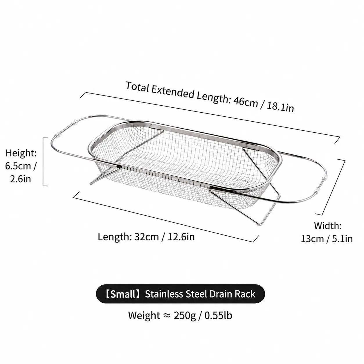 Stainless Steel Over-The-Sink Colander Strainer Basket, Expandable Rectangle Fine Mesh Kitchen Utensils with Handles, Silver Kitchen Essential