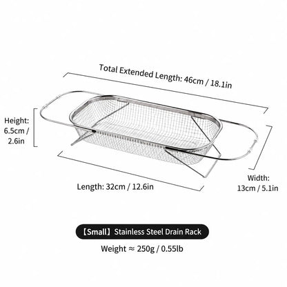 Stainless Steel Over-The-Sink Colander Strainer Basket, Expandable Rectangle Fine Mesh Kitchen Utensils with Handles, Silver Kitchen Essential