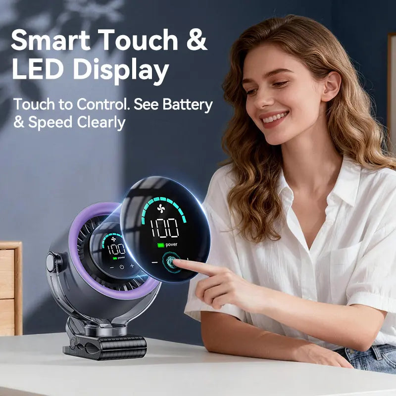 4000Mah Rechargeable Portable Clip on Fan-100-Speed Touch Control, LED Display, 360° Rotate Quiet Turbo Desk Fan, Small Battery Operated USB Fan for Stroller Bed Travel Camping Golf Gym Summerwins