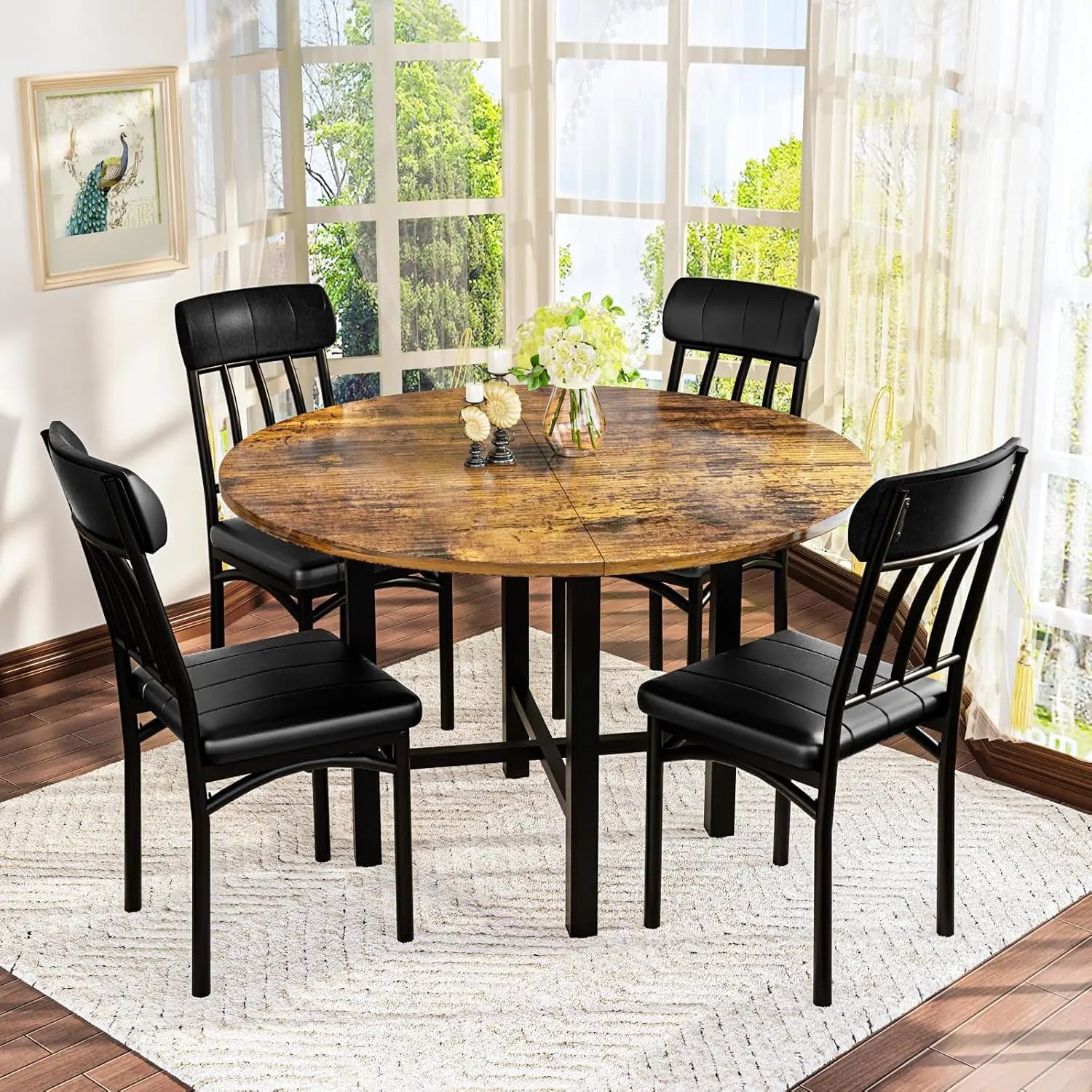 AWQM round Dining Table Set for 4,Faux Marble Circle Dining Table Set with Chairs,Modern Kitchen Table and Chairs Set for 4,Round Dinner Table & Chair Set for Small Space,White