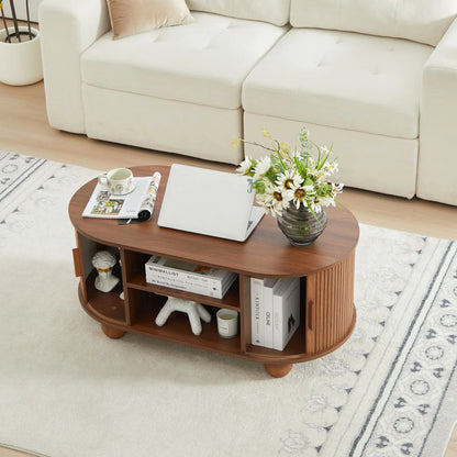 Giratree Oval Coffee Table, Mid-Century Modern Coffee Table with Storage & Sliding Doors, Fluted Coffee Table Center Table for Living Room, Dining Room, Apartment, Home Office
