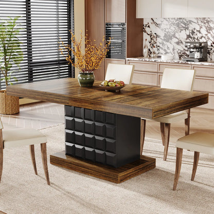 LITTLE TREE 63'' Dining Table for 4-6, Farmhouse Wooden Rectangular Dinner Table with Geometric Relief, Pedestal Base