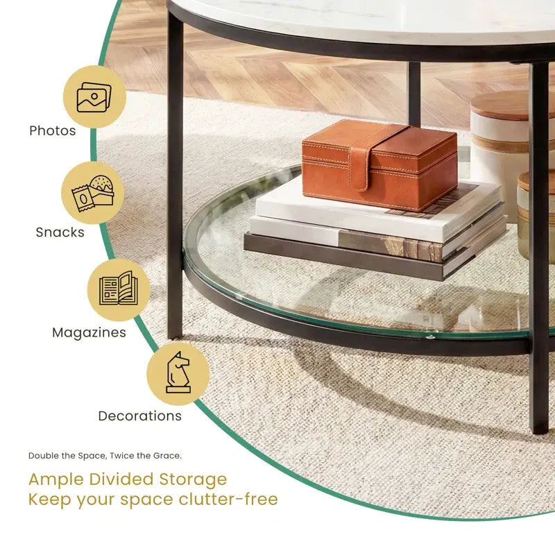 Marble round Coffee Table with Glass for Living Room, 2-Tier Circle Coffee Table with Storage Clear Coffee Table