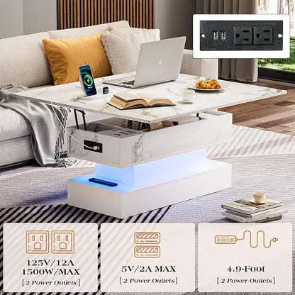 LED Lift Top Coffee Table with Charging Station, Modern High Glossy Coffee Table with LED Light, 3 in 1 Multifunctional Coffee Table with Storage & Hidden Compartments for Living Room,Furniture Marble Tabletop Adjustable Coffee Table