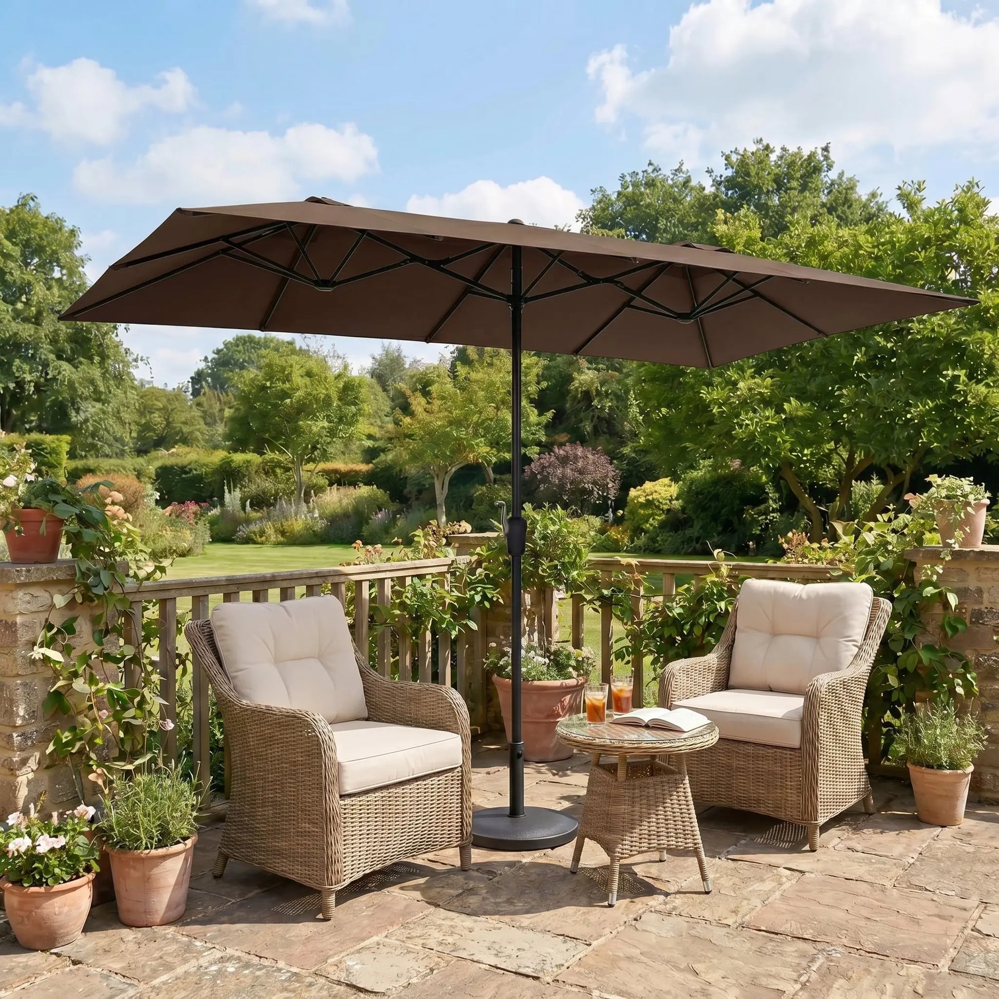 15 FT Large Patio Umbrella with Solar LED Light, Double Sided Rectangle Umbrella with Crank Handle for Patio, Backyard, Garden, Pool, without Base