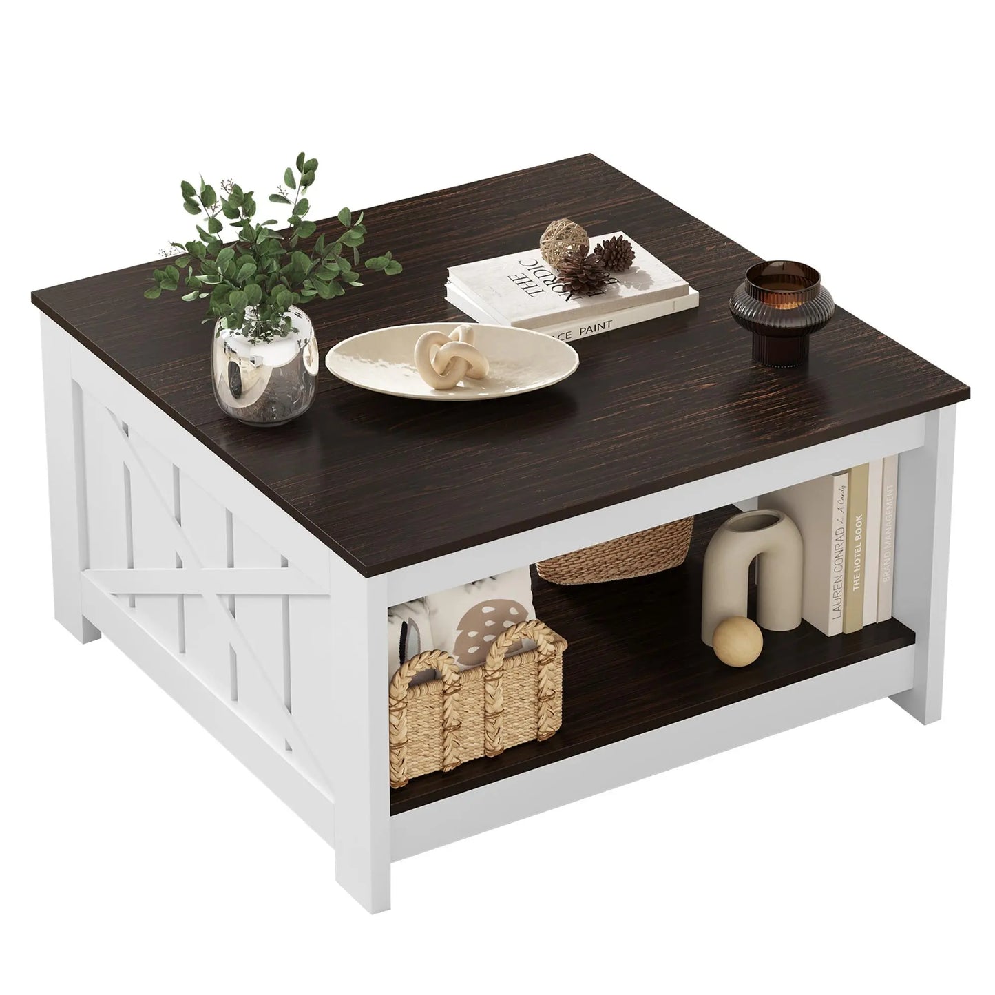 Yitahome Farmhouse Coffee Table with Storage, Square Wood Modern Rustic Coffee Table for Living Room,Grey Wash Coffee Tables,Coffee Table with Half Open Storage Compartment