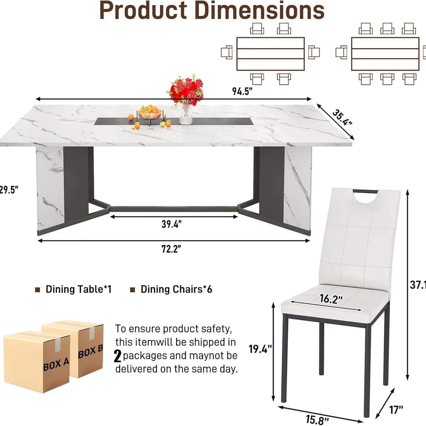 94In/78In/71In Large Rectangular Brown Dining Table for 4 5 6 7 8 People W/35 Marble-Color Wood Watrproof Tabletop,Adjustable Leg.6Ft Luxurious Family Dinner Table for Office Kitchen Living Room (Not Included Chair)