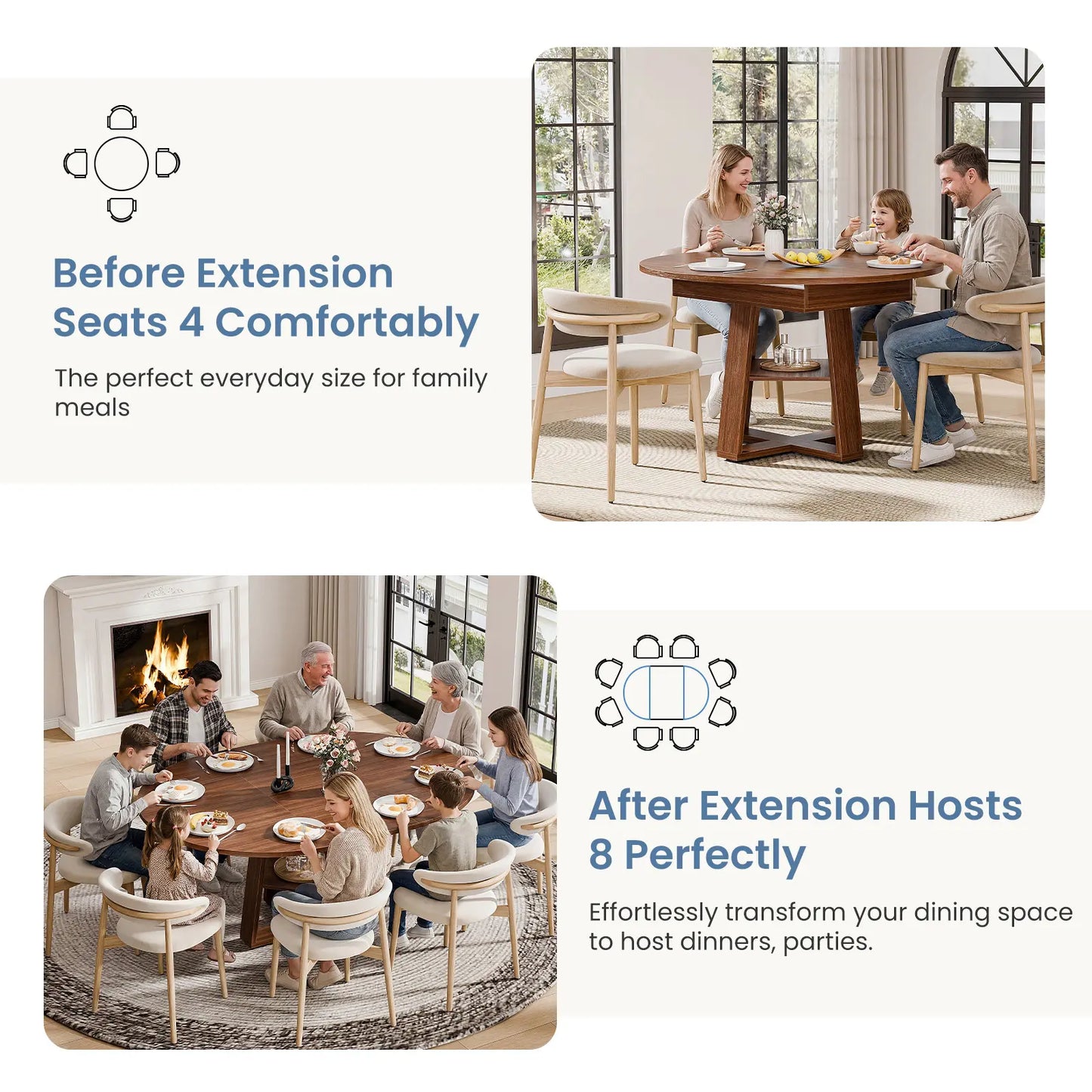 Extendable round Dining Table for 4-6, Modern Kitchen Oval Dinner Table with Storage Shelf, Wood Pedestal Table, Space Saving Modern Style