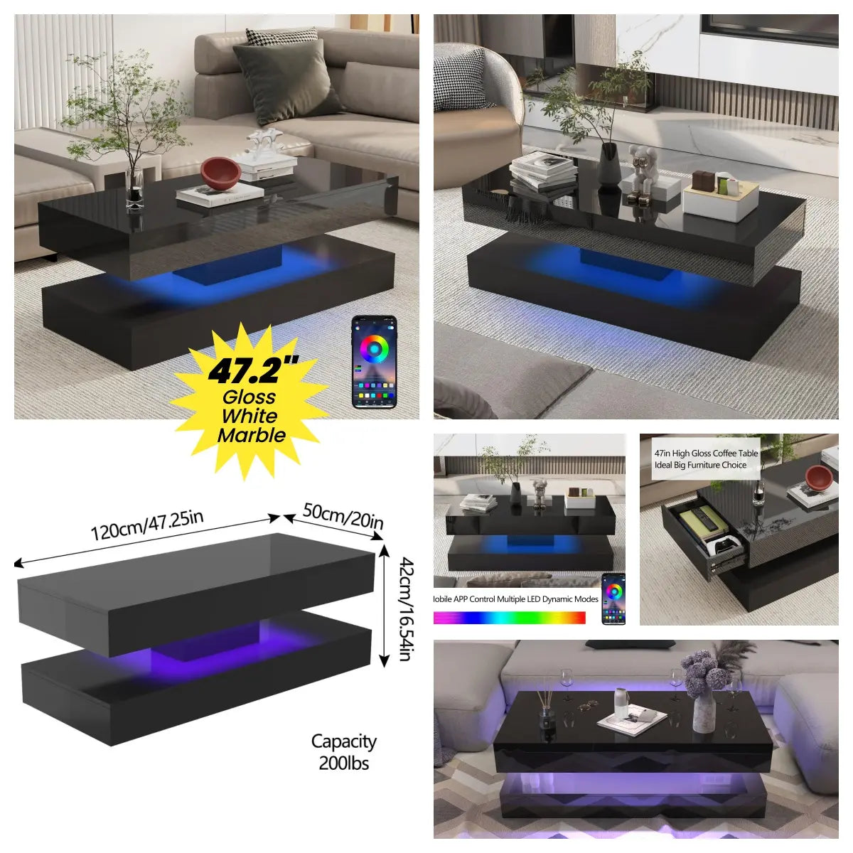LED Coffee Table with 2 Storage Drawers, Modern High Gloss White Coffee Table LED Lights, 2 Tiers Rectangle Center Table for Living Room with Marbling Print