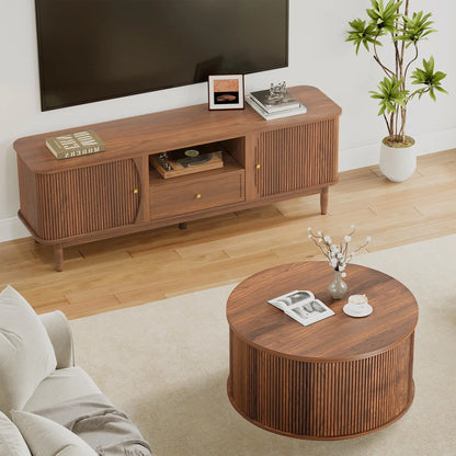 Giratree 31.58" round Coffee Table, Lift Top Coffee Table with Storage, Farmhouse Fluted Center Table Circle Dining Table for Living Room, Reception Room, Home Office