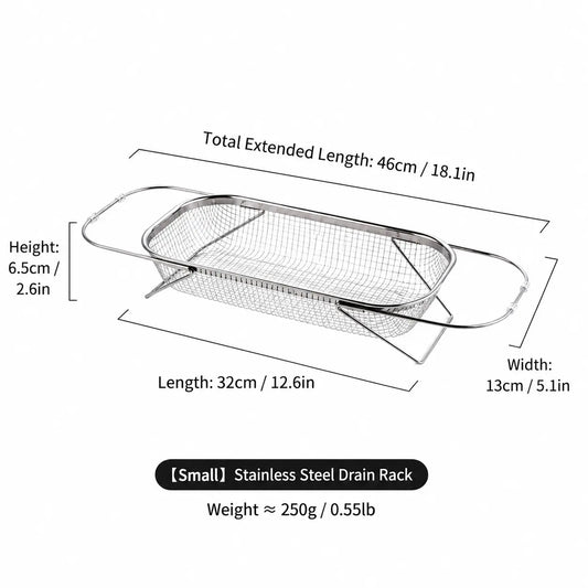 Stainless Steel Over-The-Sink Colander Strainer Basket, Expandable Rectangle Fine Mesh Kitchen Utensils with Handles, Silver Kitchen Essential