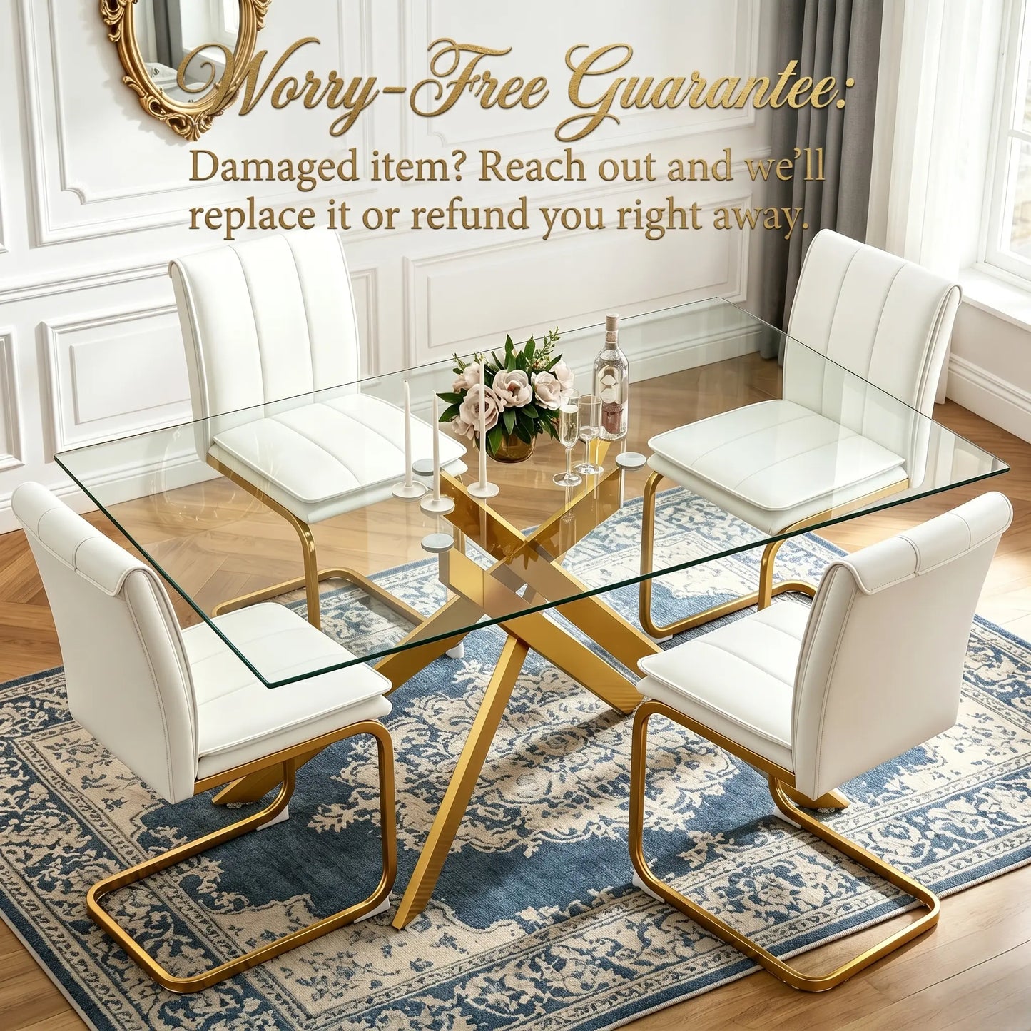 51.18 Inch Rectangular Glass Dining Table for 4-6,Modern Kitchen Table with Golden Metal Legs & Adjustable Feets,Easy Assembly Dinner Table Support 320 Lbs,Dining Table Set of 4,Stylish Durable Design for Dining Room,Apartment Furniture （Only Table）