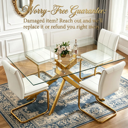 51.18 Inch Rectangular Glass Dining Table for 4-6,Modern Kitchen Table with Golden Metal Legs & Adjustable Feets,Easy Assembly Dinner Table Support 320 Lbs,Dining Table Set of 4,Stylish Durable Design for Dining Room,Apartment Furniture （Only Table）