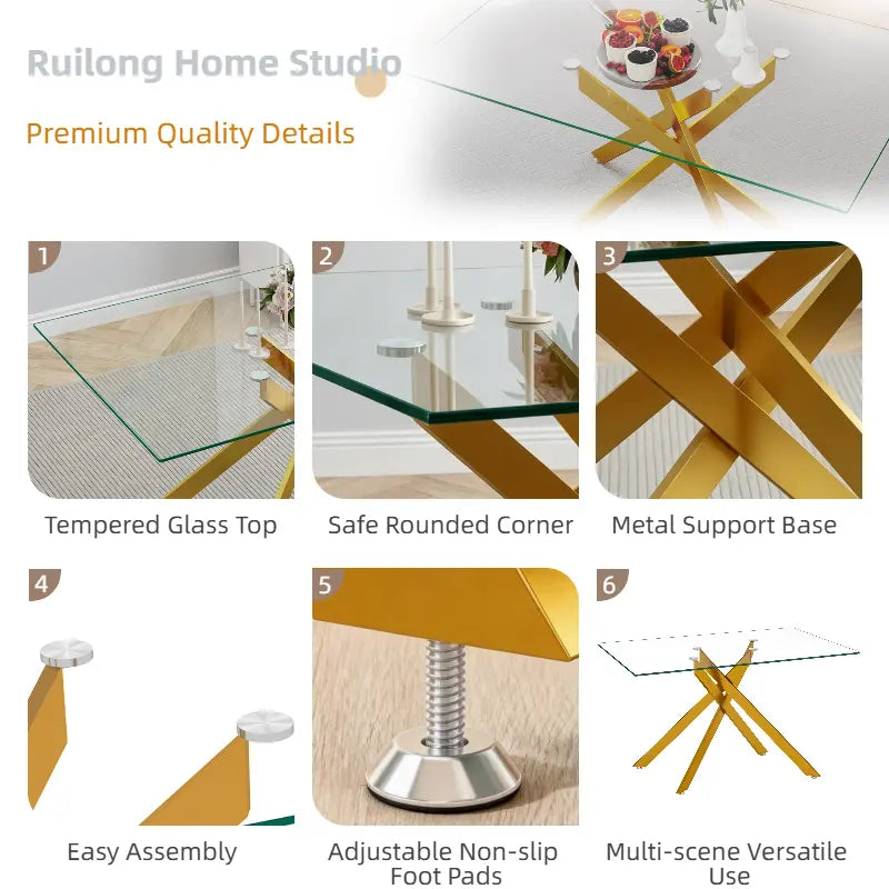 51.18 Inch Rectangular Glass Dining Table for 4-6,Modern Kitchen Table with Golden Metal Legs & Adjustable Feets,Easy Assembly Dinner Table Support 320 Lbs,Dining Table Set of 4,Stylish Durable Design for Dining Room,Apartment Furniture （Only Table）