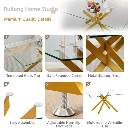 51.18 Inch Rectangular Glass Dining Table for 4-6,Modern Kitchen Table with Golden Metal Legs & Adjustable Feets,Easy Assembly Dinner Table Support 320 Lbs,Dining Table Set of 4,Stylish Durable Design for Dining Room,Apartment Furniture （Only Table）