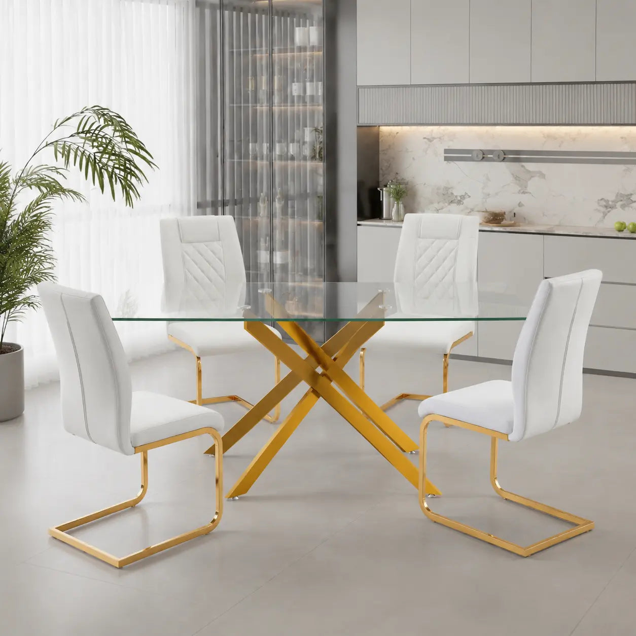 51.18 Inch Rectangular Glass Dining Table for 4-6,Modern Kitchen Table with Golden Metal Legs & Adjustable Feets,Easy Assembly Dinner Table Support 320 Lbs,Dining Table Set of 4,Stylish Durable Design for Dining Room,Apartment Furniture （Only Table）