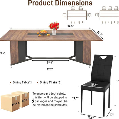 94In/78In/71In Large Rectangular Brown Dining Table for 4 5 6 7 8 People W/35 Marble-Color Wood Watrproof Tabletop,Adjustable Leg.6Ft Luxurious Family Dinner Table for Office Kitchen Living Room (Not Included Chair)