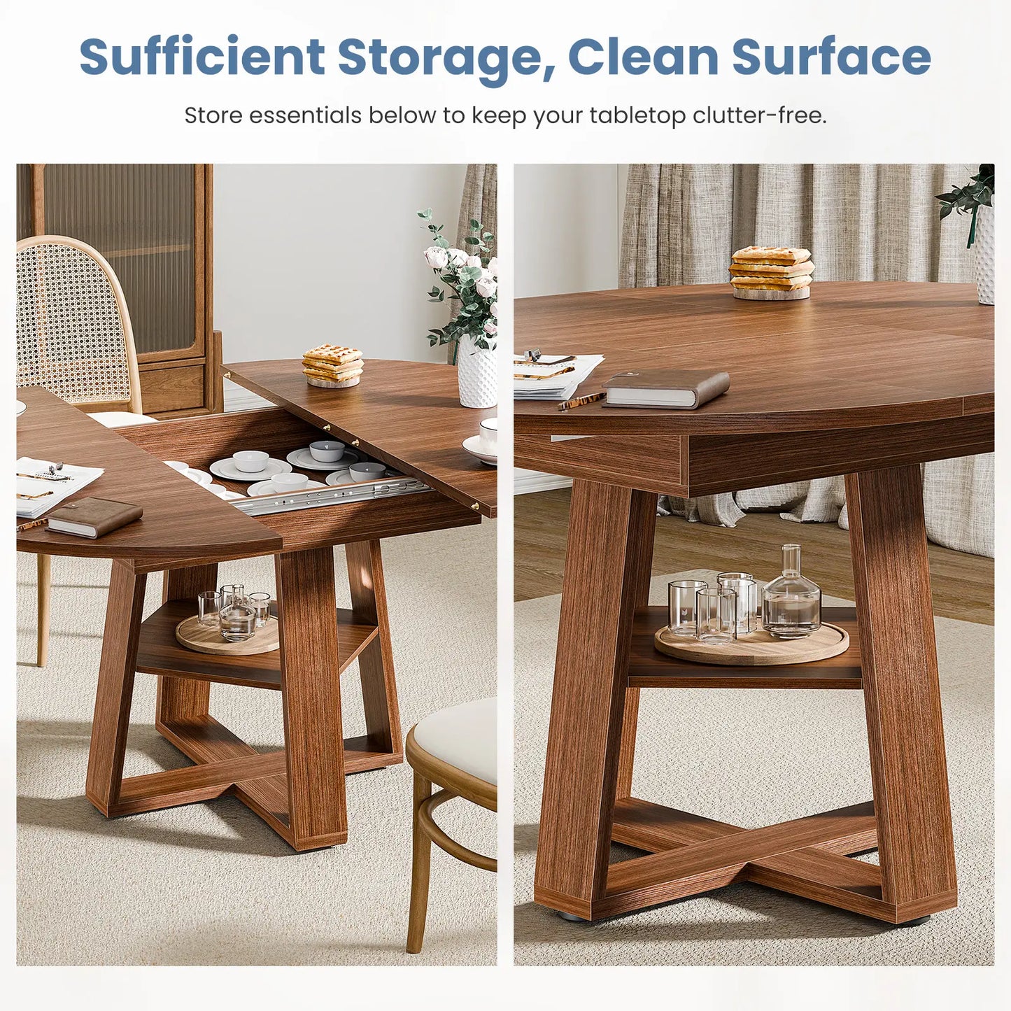 Extendable round Dining Table for 4-6, Modern Kitchen Oval Dinner Table with Storage Shelf, Wood Pedestal Table, Space Saving Modern Style