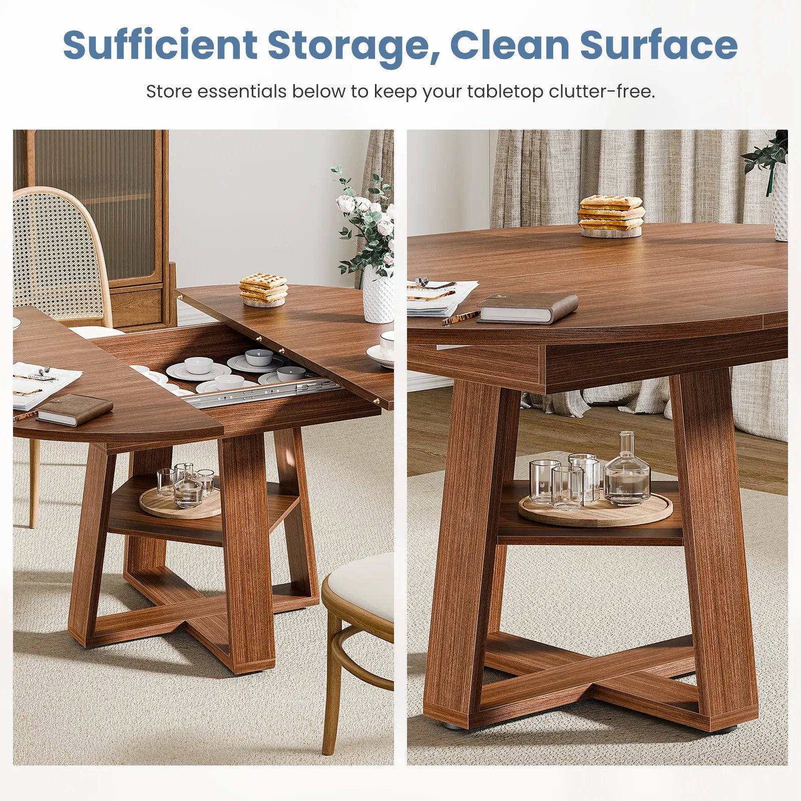 Extendable round Dining Table for 4-6, Modern Kitchen Oval Dinner Table with Storage Shelf, Wood Pedestal Table, Space Saving Modern Style