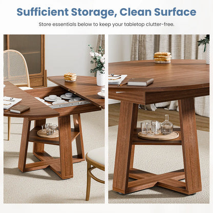 Extendable round Dining Table for 4-6, Modern Kitchen Oval Dinner Table with Storage Shelf, Wood Pedestal Table, Space Saving Modern Style
