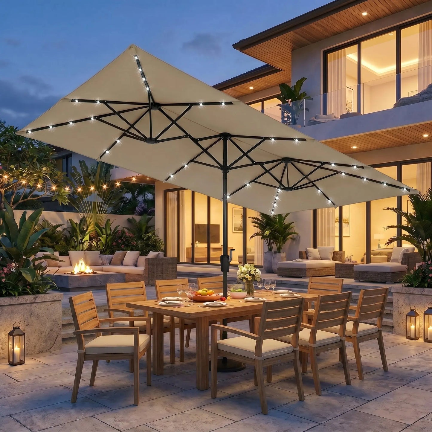 15 FT Large Patio Umbrella with Solar LED Light, Double Sided Rectangle Umbrella with Crank Handle for Patio, Backyard, Garden, Pool, without Base