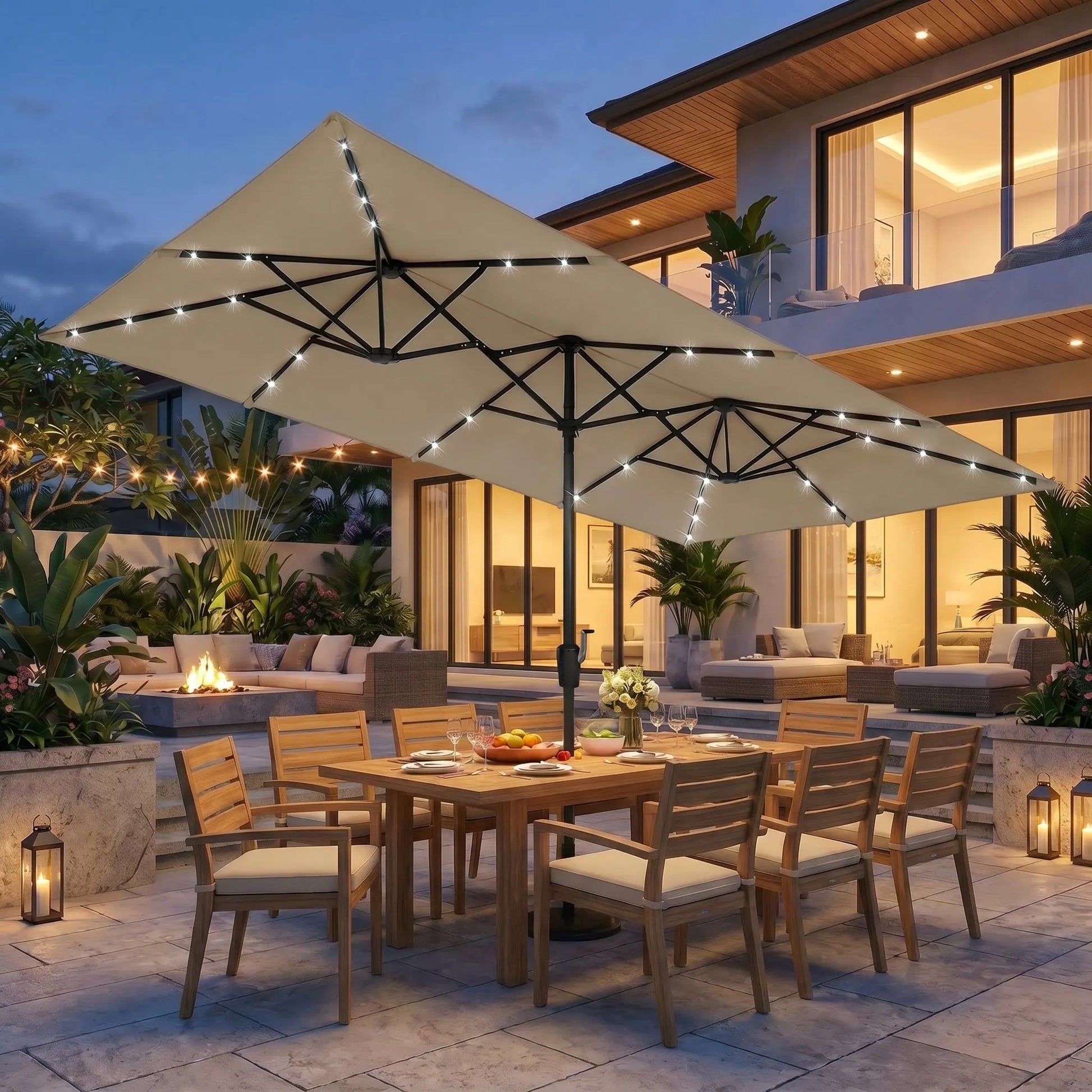 15 FT Large Patio Umbrella with Solar LED Light, Double Sided Rectangle Umbrella with Crank Handle for Patio, Backyard, Garden, Pool, without Base