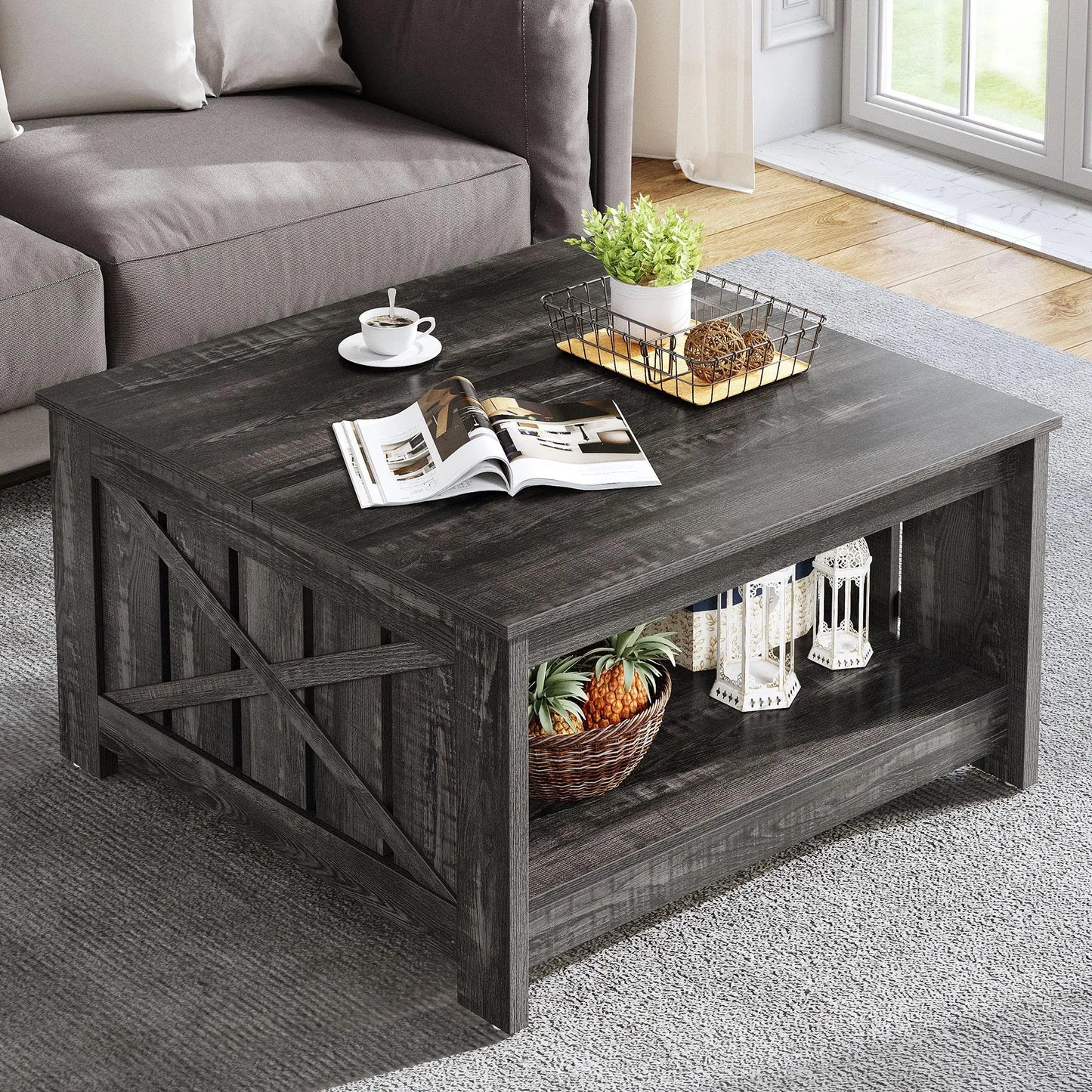 Yitahome Farmhouse Coffee Table with Storage, Square Wood Modern Rustic Coffee Table for Living Room,Grey Wash Coffee Tables,Coffee Table with Half Open Storage Compartment