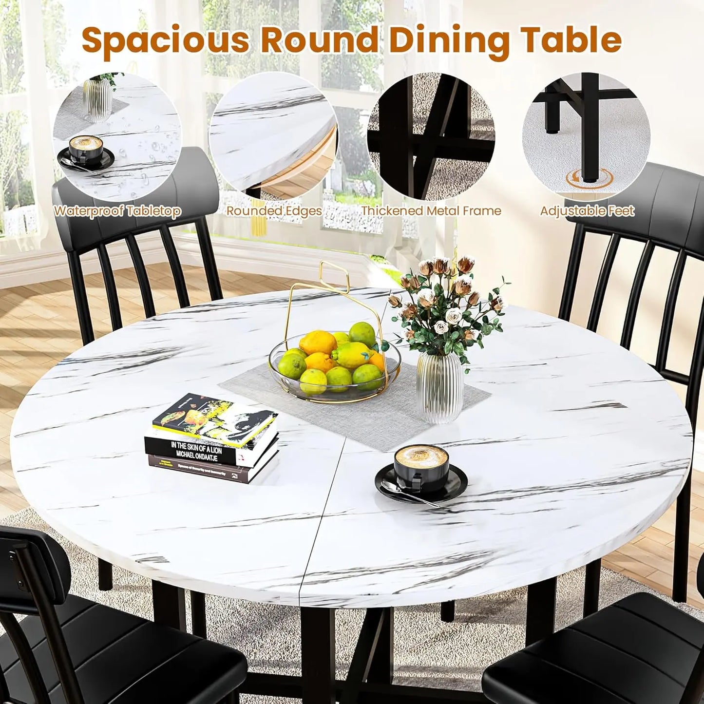AWQM round Dining Table Set for 4,Faux Marble Circle Dining Table Set with Chairs,Modern Kitchen Table and Chairs Set for 4,Round Dinner Table & Chair Set for Small Space,White