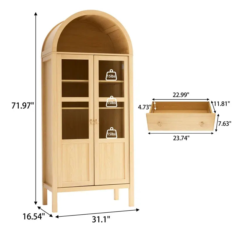 High Arched Modern Curio Cabinet with Two Drawers – 4-Tier Storage & Display Bookcase with Glass Doors for Living Room
