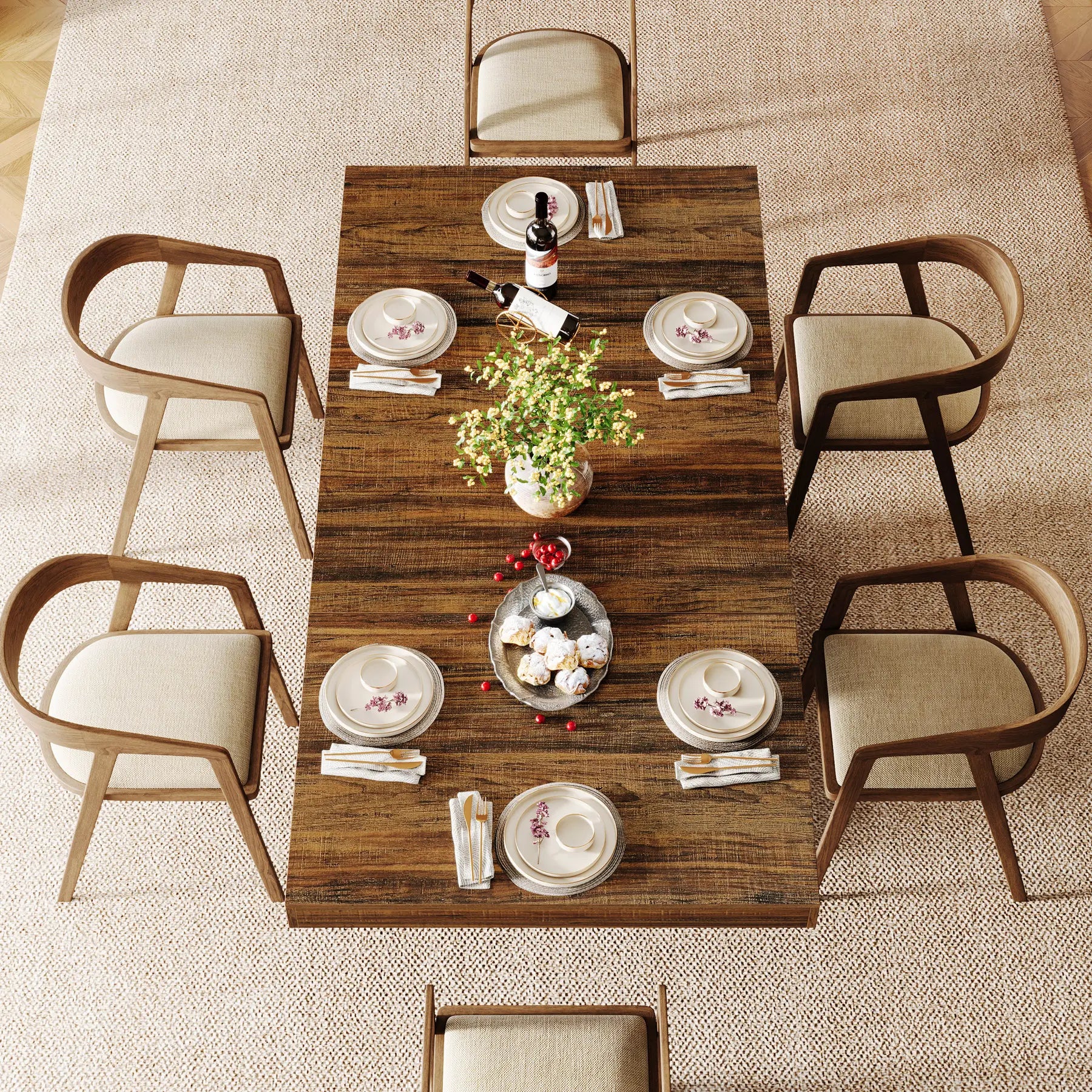 LITTLE TREE 63'' Dining Table for 4-6, Farmhouse Wooden Rectangular Dinner Table with Geometric Relief, Pedestal Base