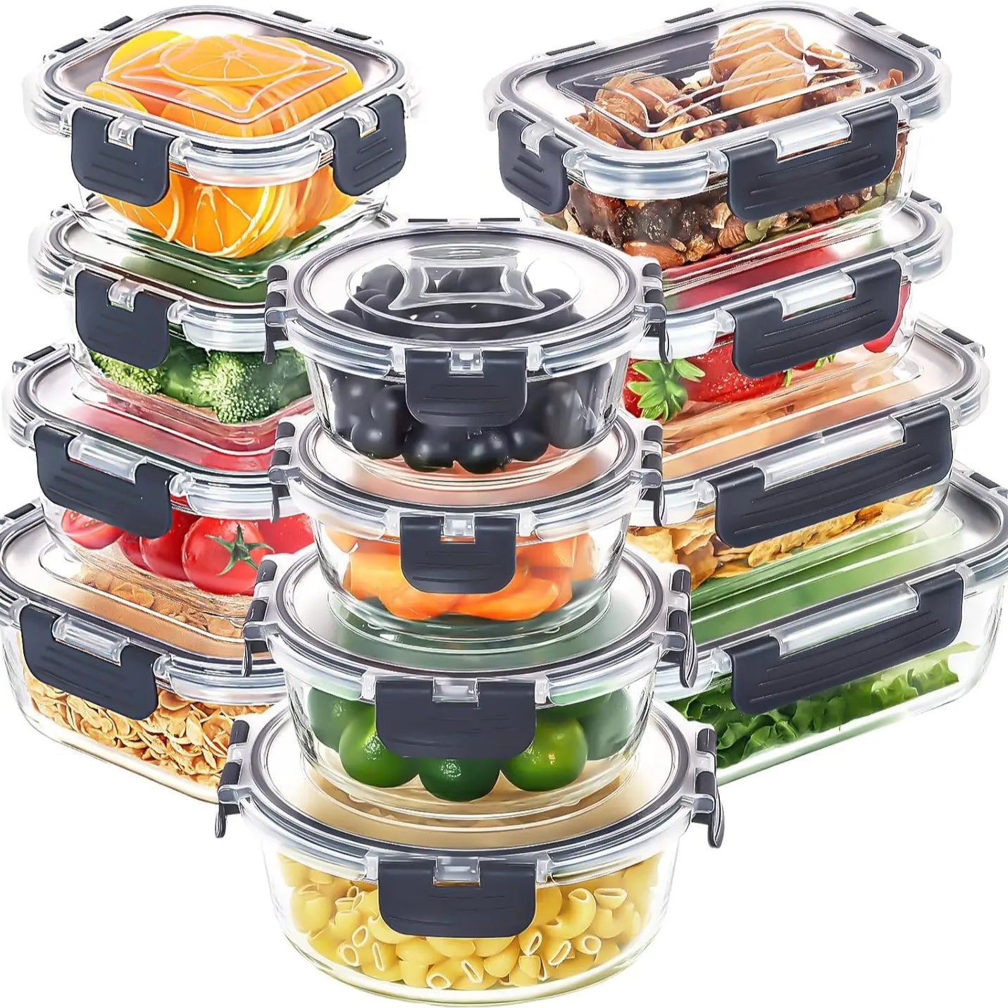 AISOON 24-Piece High Borosilicate Glass Food Storage Containers with Lids - 12-Pack Airtight Leakproof Kitchen Household Products, Bpa-Free, Microwave, Oven, Freezer & Dishwasher Safe (Black)