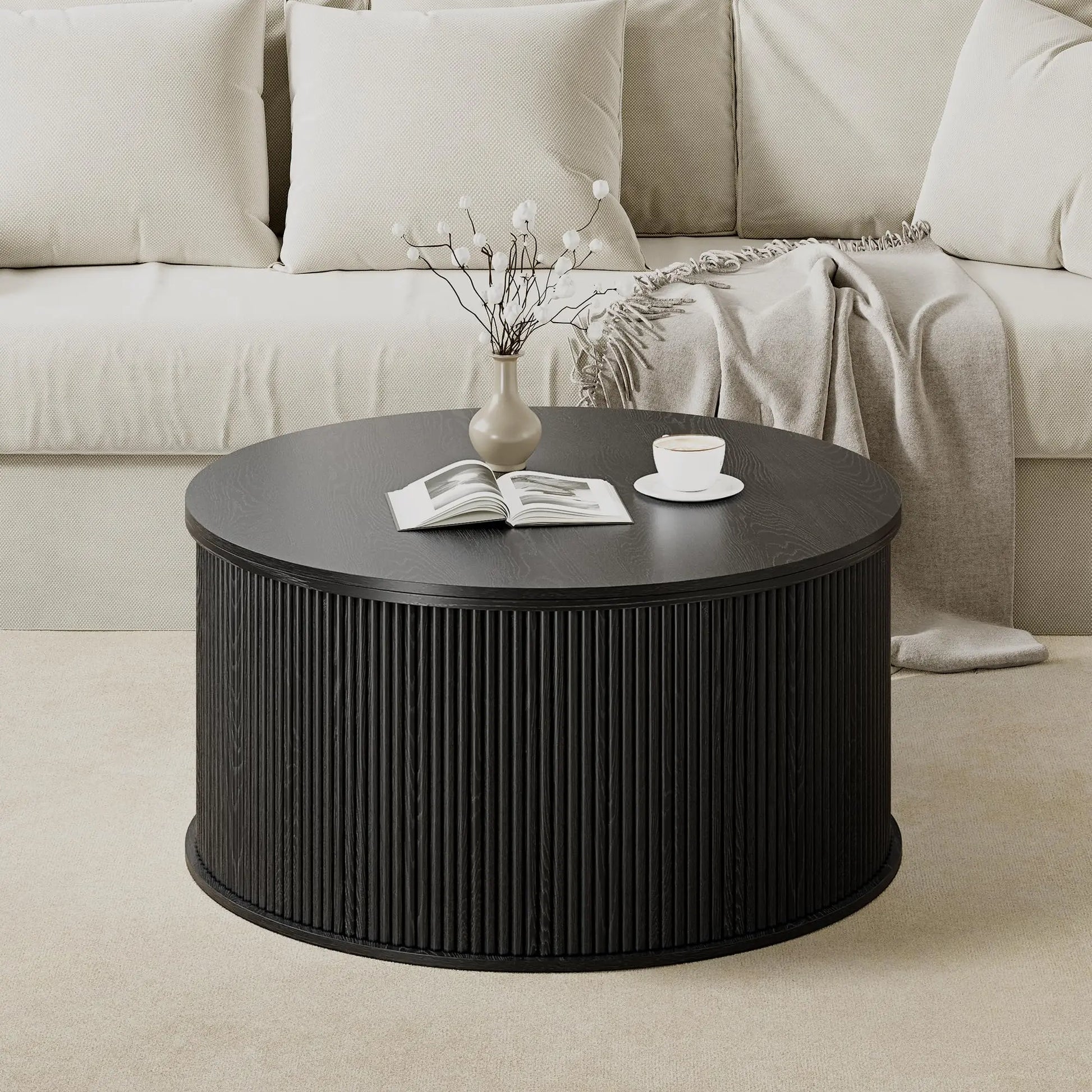 Giratree 31.58" round Coffee Table, Lift Top Coffee Table with Storage, Farmhouse Fluted Center Table Circle Dining Table for Living Room, Reception Room, Home Office