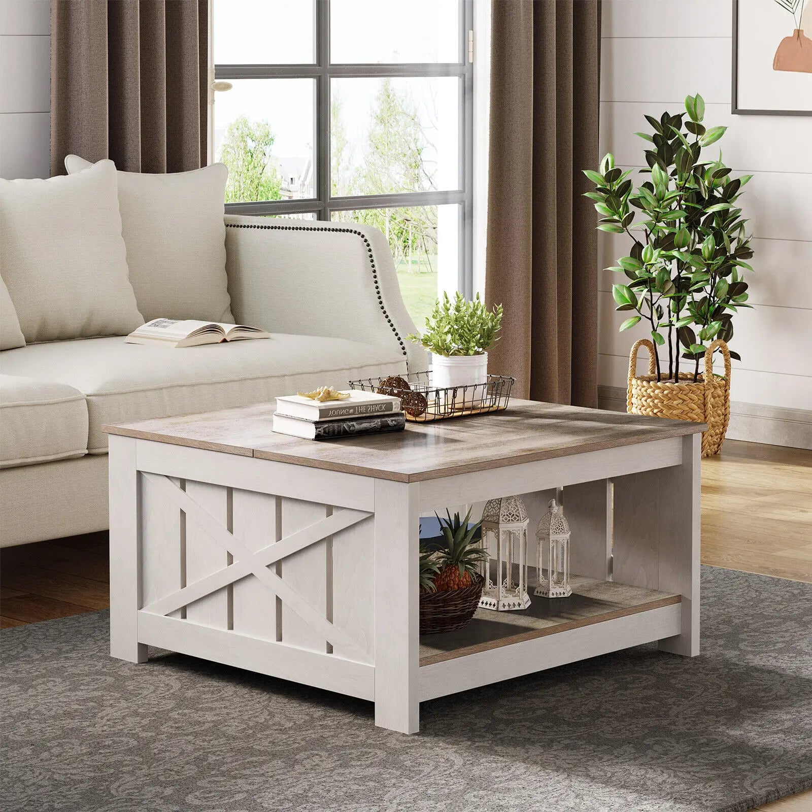 Yitahome Farmhouse Coffee Table with Storage, Square Wood Modern Rustic Coffee Table for Living Room,Grey Wash Coffee Tables,Coffee Table with Half Open Storage Compartment
