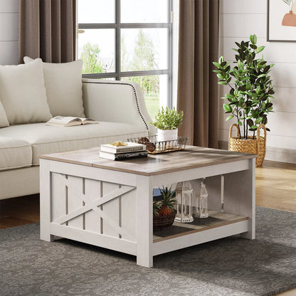 Yitahome Farmhouse Coffee Table with Storage, Square Wood Modern Rustic Coffee Table for Living Room,Grey Wash Coffee Tables,Coffee Table with Half Open Storage Compartment
